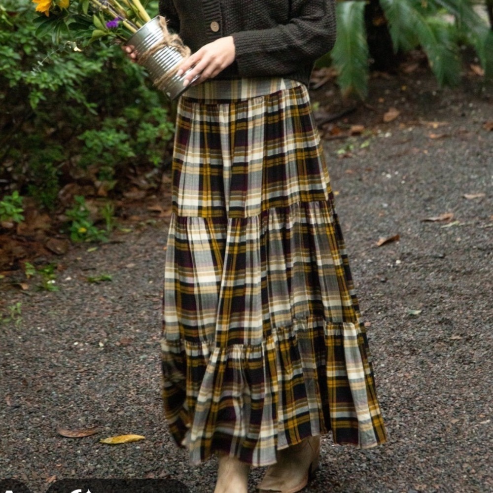 Natural Life Plaid Tiered Maxi Skirt Large